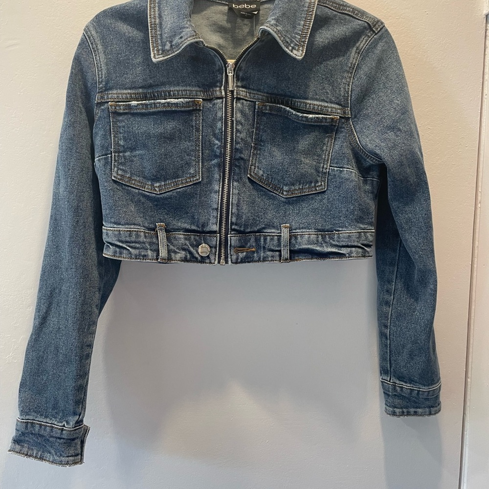 Bebé Zip Front Patch Pocket Denim Cropped Jacket XS